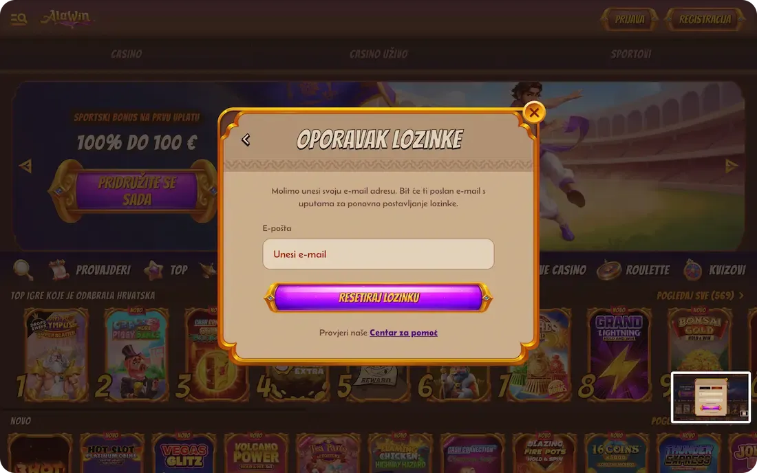 alawin casino zaboravljena lozinka