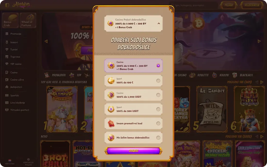 alawin casino bonus dobrodošlice