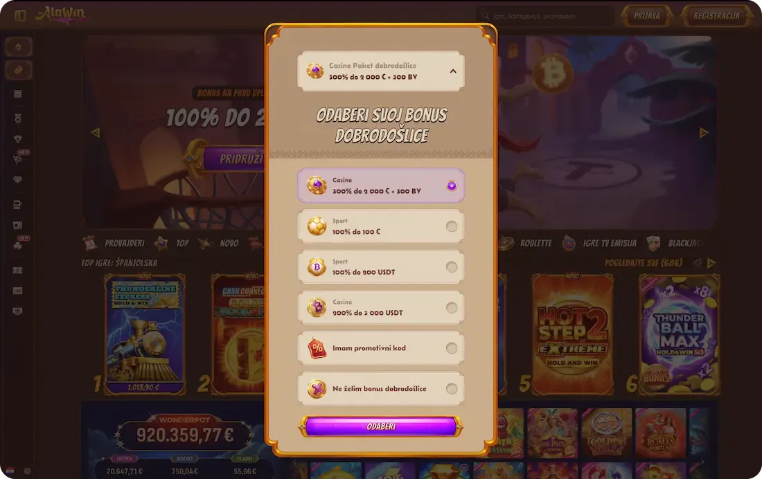 alawin casino bonus dobrodošlice